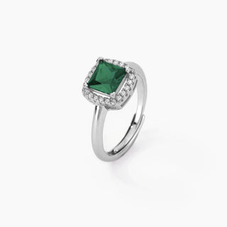 Anello in argento con smeraldo sintetico taglio cuscino antico e zirconi