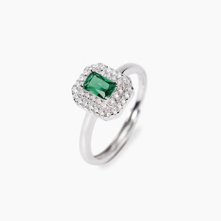 Anello in argento con smeraldo sintetico taglio baguette e zirconi